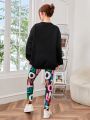 Teen Girls' Letter & Number Print Sweatshirt And Leggings 2pcs Set