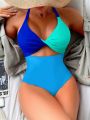 SHEIN Swim Vcay Color Block Twist Front Halter One Piece Swimsuit