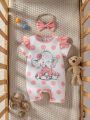 Baby Polka Dot & Cartoon Graphic Ruffle Trim Romper With Headband