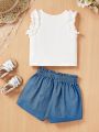 SHEIN Baby Girl's Casual Parrot Print Ruffle Sleeveless Top And Denim Shorts Set For Summer Vacation