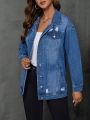 SHEIN LUNE Distressed Turn Down Collar Denim Jacket