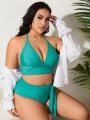 SHEIN Swim Vcay Plus Size Solid Color Bikini Set With Front Knot Detail