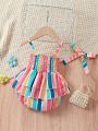 Baby Block Striped Shirred Peplum Waist Combo Bodysuit Dress With Headband