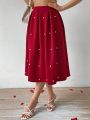 SHEIN Privé Wine Red Pearl Decor A-Line Skirt For Women