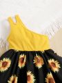 SHEIN Baby One Shoulder Sunflower Print Dress