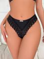 Women's Black Lace Butterfly Decorated Thong Panties