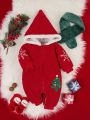 Baby Girl Christmas Snowflake & Tree Pattern Teddy Lined Hooded Jumpsuit