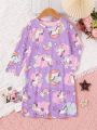 Little Girl's Cute Unicorn Printed Pattern Purple Loose Casual Nightgown One Piece Home Wear