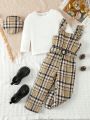 Toddler Girls' 2pcs Fashionable Leisure White Top And Long Sleeve Grid Overall