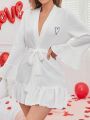 Women's Heart Pattern Bell Sleeve Peplum Hem Robe With Waist Belt