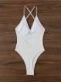 SHEIN Swim Basics Women'S Cross Ribbed Back One Piece Swimsuit