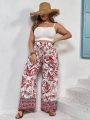 SHEIN VCAY Plus Size Women's Floral Printed Wide Leg Pants For Vacation