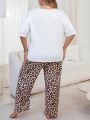 Plus Size Women'S Slogan Printed Short Sleeve And Leopard Print Pants Casual Pajama Set