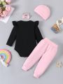 Baby Girl Rainbow & Slogan Graphic Ruffle Trim Bodysuit & Bow Front Sweatpants & Hat