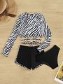 Women's Zebra Print Long Sleeve Swimwear Set With Lace-up Design