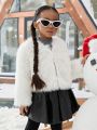 SHEIN Kids Cooltwn Young Girl Solid Open Front Fuzzy Coat