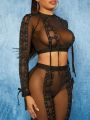 FLAMA Grommet Lace Up Sheer Top & Pants Set