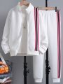 SHEIN Kids SPRTY Tween Boy 1pc Contrast Striped Tape Drop Shoulder Jacket & 1pc Sweatpants