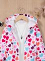 SHEIN Kids FANZEY Girls' Heart Pattern Zipper Front Hooded Jacket, For Teenagers