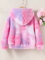 Young Girl Tie Dye Letter Patched Kangaroo Pocket Drop Shoulder Teddy Hoodie