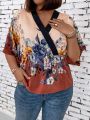 Plus Size Wrap Neck Floral Printed Blouse