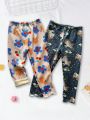 2pcs/Set Little Girls' Fleece Lined Leggings With Scalloped Edge