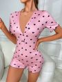 Heart Print Lettuce Trim Button Front Romper