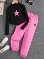 SHEIN Kids HYPEME Tween Girl Embroidery Star Pattern Lettuce Trim Mock Neck Tee & Cargo Pants