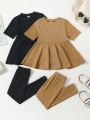 Multi-Piece Toddler Girls' Casual Solid Color Short Sleeve T-Shirt And Pants Set