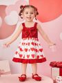 Baby Girls' Heart Print Dress With Bow Decoration