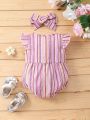 Baby Girl's Striped Bodysuit With Bowknot Front And Ruffled Hem For Summer