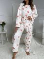 Letter & Peach Pattern Drop Shoulder Flannelette PJ Set