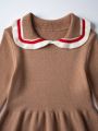 Older Girl'S Contrast Striped Trimmed Peter Pan Collar Long-Sleeved Sweater Dress