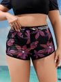 SHEIN Swim SPRTY Plus Size Women'S Leaf Print Swim Shorts With Diagonal Pocket