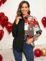 EMERY ROSE Valentine's Day Women Floral & Houndstooth Print Long Sleeve Shirt