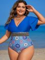 SHEIN Swim BohoFeel Plus Size Print Splicing One Piece Swimsuit