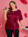 EMERY ROSE Valentine's Day Plus Size Bell Sleeve Knotted And Side-Tied Satin Top