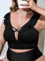 SHEIN Swim Chicsea Women's Plus Size Ruffled Trim And Hollow Out Design Bikini Top With V-Neckline