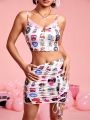 SHEIN PETITE Women's Lace Splicing Cartoon Printed Cami Top And Skirt Set