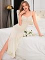 Women's Embroidered Thin Shoulder Straps High Split Nightgown