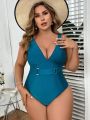 SHEIN Swim Chicsea Plus Size Deep V-Neck Backless One-Piece Swimsuit