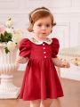 SHEIN Infant Girls' Contrast Color Floral Embroidery Peter Pan Collar Bubble Short Sleeve Dress