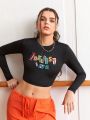 Street Sport Letter Printed Cropped Athletic T-Shirt