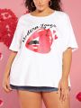 SHEIN CURVE+ Women's Plus Size Round Neck White Printed T-shirt