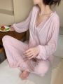 DAZY Women's Pink Comfortable And Loose Pajama Set With V-neck