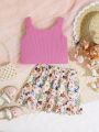 SHEIN Baby Girls' Casual Knitted Vest Top And Floral Print Lotus Leaf Hem Skirt Set