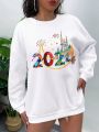 Women's Plus Size New Year Printed Round Neck Sweatshirt