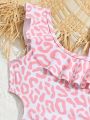 Little Girls' Leopard Print Hollow Out One Piece Swimsuit