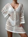 SHEIN Swim BohoFeel Women's Knit Hollow Out Tie Front Beach Cover Up