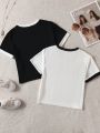 SHEIN Kids EVRYDAY 2pcs/Set Tween Girls' Slim Fit Short Knit T-Shirt With Color Block